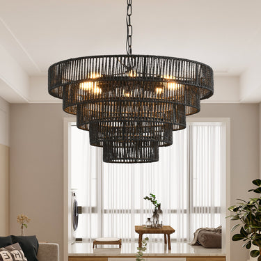 Rustic 5-Tier Black Hemp Rope Chandelier with 8 E12 Sockets